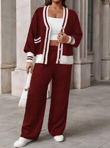 Calvaya Plus Size Women's Stripe Single-Breasted Cardigan And Sweater With Trousers Casual Outfit, Autumn/Winter - Burgundy - View 3