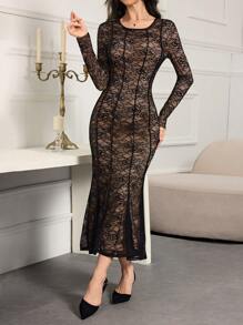 Modelyn Women Simple Round Neck Long Sleeve Long Casual Dress, Daily Wear Long Evening Dresses