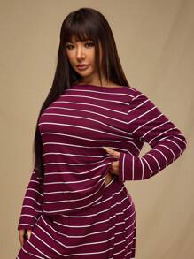 Forever 21 大码冬季长袖上衣，宽松不对称肩部条纹休闲宽松酒红色针织T恤，新年外出上衣，圣诞节酒红色上衣 - 酒紅色 - 查看 5