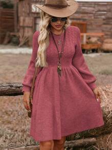 SHEIN VCAY Vestido de punto suelto casual de mujer con cintura ajustada y dobladillo acampanado, cuello redondo, adecuado para vacaciones, otoño/invierno