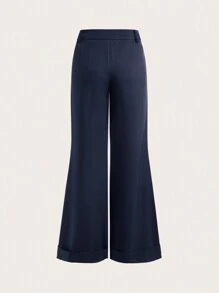 SHEIN BASICS بنطلون نسائي كاجوال ذو لون أحادي منسوج بساق واسعة - أزرق بحري - مشاهدة 7