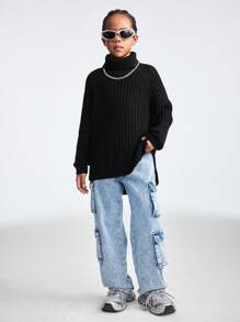 SHEIN Tween 女童纯色黑色高领长袖简约休闲上衣 - 黑色 - 查看 5