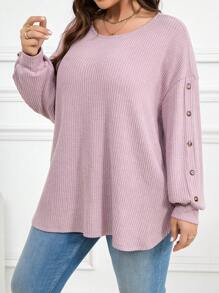 SHEIN LUNE Áo thun tay dài gân màu trơn cỡ lớn dành cho nữ, thường ngày mừng năm mới, phụ nữ nhiệt tình trong ngày lễ Tạ ơn - Bụi tím - Xem 5