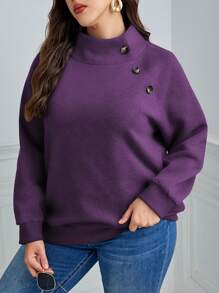 SHEIN LUNE 大码女式立领纽扣饰边插肩袖休闲运动衫，秋冬圣诞女装新年女士生日装