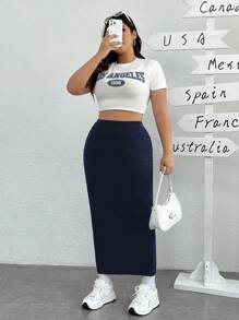 SHEIN EZwear Chân váy bút chì trơn tối giản cỡ lớn, mặc thường ngày - Màu xanh hải quân - Xem 5
