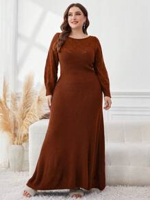 Mulvari Plus Size Women Solid Color Crew Neck Long Sleeve Maxi Sweater Dress, Elegant For Autumn/Winter - Brown - View 4