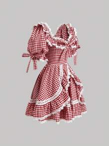 SHEIN MOD 蕾丝和蝴蝶结细节泡泡纱格子全罩杯迷你连衣裙 - 紅白色 - 查看 3