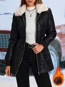 SHEIN Clasi 女士长袖蓬蓬拼接简约休闲棉服夹棉外套衣服冬季 - 黑色 - 查看 1