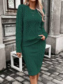 SHEIN LUNE Bộ 2 món áo cánh dài tay cổ tròn màu trơn và chân váy chữ A - Màu xanh lá cây đậm - Xem 4