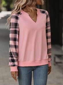 EMERY ROSE Plaid Raglan Sleeve Notched Neckline Sweatshirt,Long Sleeve Tops Pullover Fall Sweatshirt - Pink - View 6