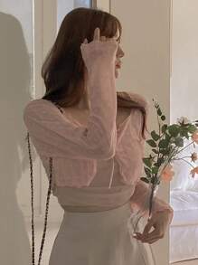 DAZY Women's Front Tie Sheer Textured Long Sleeve Lace Cardigan T-Shirt,Fall Women Clothes - Pink - View 7