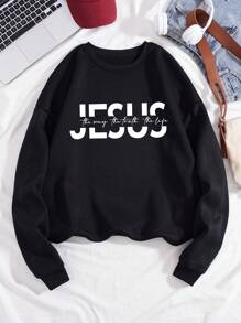 INAWLY Letter Graphic Thermal Lined Sweatshirt JESUS The Way The Truth The Life Graduation,Back To School Outfits,Graduation,Teacher Outfits For Women,Back To School Pullover Fall Outfit
