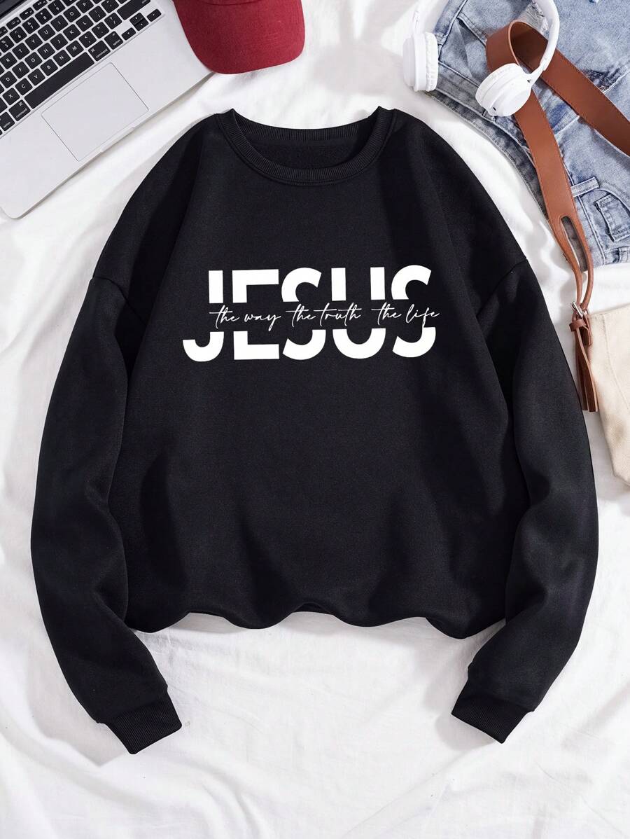 INAWLY Letter Graphic Thermal Lined Sweatshirt JESUS The Way The Truth The Life Graduation,Back To School Outfits,Graduation,Teacher Outfits For Women,Back To School Pullover Fall Outfit