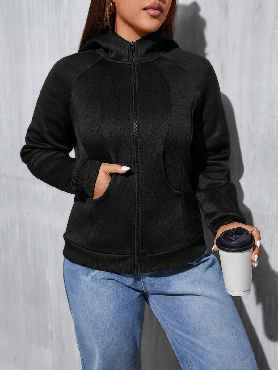 SHEIN Essnce Plus Size Casual Solid Color Zip Up Sweatshirt, For Autumn/Winter - Black - View 1