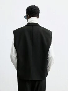 Ontre 男士春季黑色羊毛宽松宽肩带双排扣休闲西装背心，适合聚会和新年