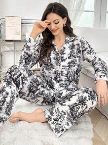 LuxeNights Bubble Wrinkle Print Lapel Collar Long Sleeve Top & Pants Pajama Set, Fall Winter Clothes Cozy And Elegant Details - Black - View 5