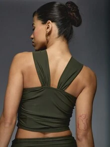 MISSGUIDED Gold Butterfly Detail Halter Neck Top And Ruched Mini SKirt Two Piece Co Ord Set - Army Green - View 4