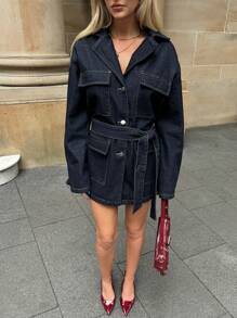 SHEIN Forever 21 秋冬女款黑蓝色牛仔夹克圣诞新年假期派对女款外套黑蓝色外套假日新年宽松外套长袖外套新年前夜新年圣诞派对女款牛仔假期女款假期圣诞节 Y2k 宽松翻领复古派对装蓝色水洗口袋街头风格腰带优雅日常装休闲牛仔外套 - 藏蓝色 - 查看 6