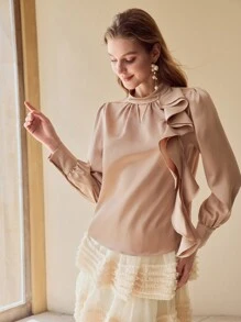 MOTF PREMIUM SATIN RUFFLE TRIM KEYHOLE NECKLINE BLOUSE - Brown - View 7