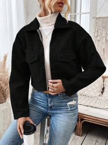 Women's Black Drop Shoulder Long Sleeve Short Overcoat, Autumn/Winter