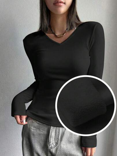 DAZY 女士休闲纯色保暖内衬黑色长袖T恤，秋冬季，保暖内衬