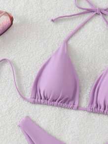 SHEIN Swim Bộ đồ bơi bikini buộc dây lưng màu trơn cho nữ mùa hè - Màu tím - Xem 3