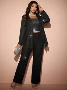 Allurite 烫金压花针织罗纹开衫 + 松紧腰直筒裤 2 件套女式休闲套装 - 黑色 - 查看 6