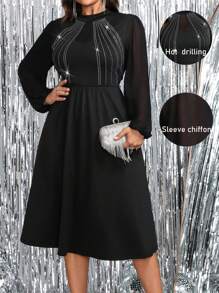 SHEIN Clasi Elegant Rhinestone Embellished High Neck Puff Sleeve A-Line Party Dress Maxi Women Outfit