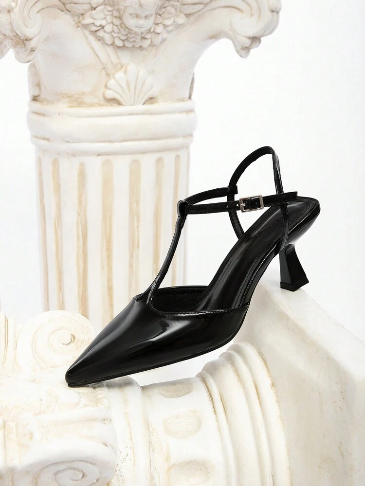 CUCCOO CHICEST Women's Black Patent Leather Pointed Toe Slim Stiletto Heel T-Strap Design Elegant Work Pumps