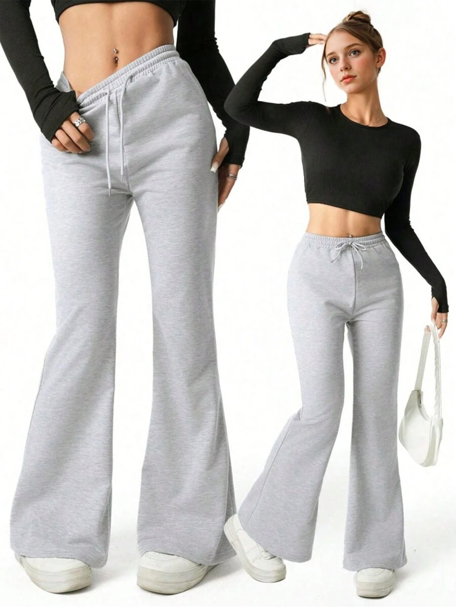 SHEIN Explorewe 青少年女孩纯色前系带休闲高腰抽绳喇叭裤 - 灰色 - 查看 1