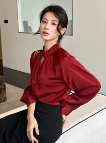 DAZY 女式套头衫优雅纯色衬衫，简约休闲日常穿着，秋季服装 - 酒紅色 - 查看 5