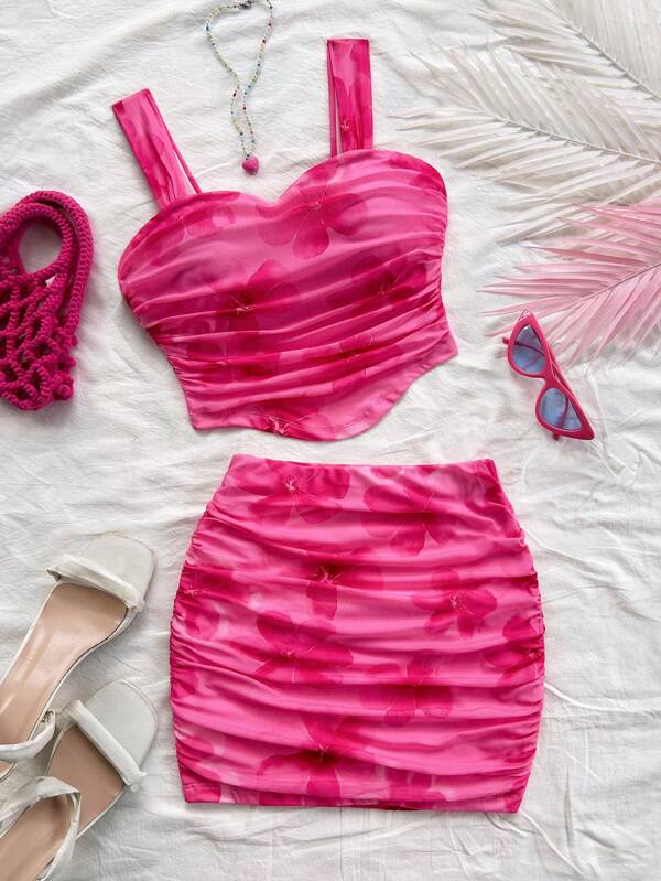 Soleia Vacation 2pcs Women Set - Floral Print Spaghetti Strap Ruffle Hem Top And Mini Ruched Skirt, Pink