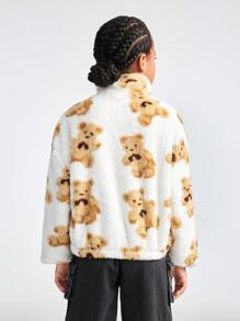 SHEIN Tween Girls Spring/Summer Basic Fuzzy Bear Pattern Thermal White Baggy Long Sleeve Sweatshirt - White - View 2