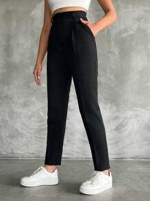 SHEIN Tall Cottnline High Waist Pleated Suit Trousers - Black - View 5