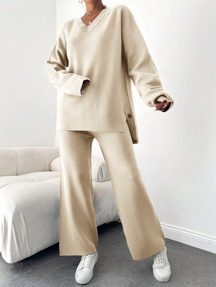SHEIN Cottnline 2pcs V-neck High Low Hem Split Knit Sweater And Solid Color Knitted Pants - Beige - View 1