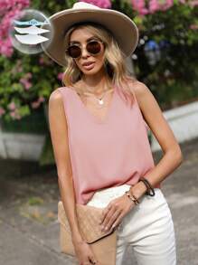 SHEIN LUNE 素色V領無袖襯衫 - 藕粉色 - 查看 1