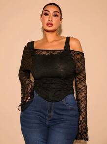 SHEIN BAE Plus Size Women's See-Through Lace Long Sleeve Blouse And Camisole Two Pieces Set, Suitable For Dating, Party, Christmas, Off-Shoulder, Black, Blouse For Women, Tops For Women, Off-Shoulder Top, T-Shirts, Knit Top, Crop Top, Asymmetrical, Curve Tops, Fitted, Plain, Women's Basics, Western Women's Clothes, Summer, Tight, Easter, Spring Clothes - Black - View 5