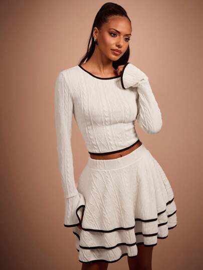 COSMINA Women Autumn Scalloped Neck Bell Sleeve Fitted T-Shirt