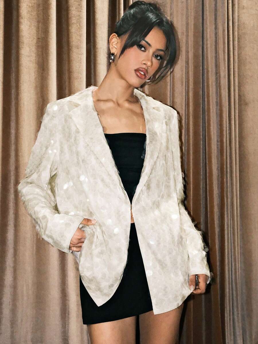 Easelle Women Sequin Embellished Flat Collar Blazer Party