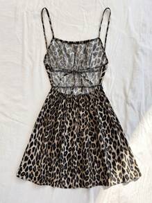 Soleia Vestido mini con tirantes de espagueti y espalda descubierta con pliegues con estampado de leopardo, estilo de moda callejera para fiestas, ideal para otoño/invierno para combinar capas - Multicolor - Ver 5