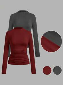 SHEIN Clasi Camiseta de manga larga de unicolor informal y versátil para mujer, ideal para otoño/invierno