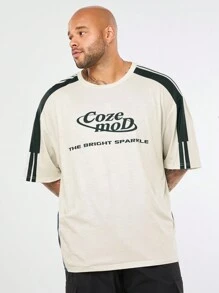 Manfinity VCAY Plus Size Męska Luźna Koszulka Z Opuszczonymi Ramionami Dzianinowa Okrągły Dekolt Krótki Rękaw Nadrukowany Napis i Grafika