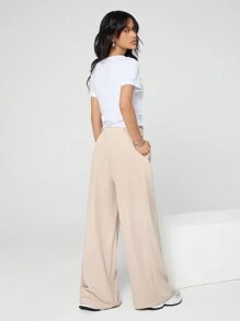 SHEIN EZwear 女式休闲简约编织阔腿裤（杏色） - 杏色 - 查看 2