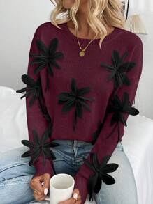 Chiquease 女士圆领长袖简约休闲手工花卉装饰套头毛衣针织衫秋冬款