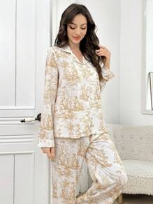 LuxeNights Bộ đồ ngủ tay dài cổ áo in họa tiết bong bóng, quần áo thu đông - Màu vàng - Xem 5