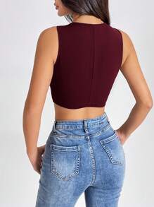 SHEIN PETITE Summer Tank TopsSolid Button Front Crop Waistcoat - Burgundy - View 2