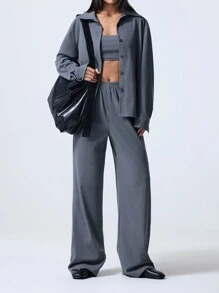 LYSMO Damen minimalistischer 3-teiliger Anzug Set bestehend aus Bandeau-Top, Einreiher-Jacke und Hose, für den Herbst
