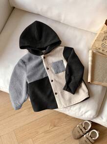SHEIN 男婴休闲校园风格彩色连帽套头灯芯绒衬衫 - 黑與白 - 查看 4