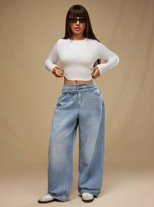 Forever 21 大码女式时尚休闲中腰洗水男友风牛仔裤 - 藍色 - 查看 4