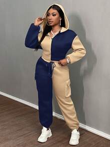 Slaydiva Women's Autumn Contrast Color Zipper Front Hooded Sweatshirt And Pants Casual 2 Pieces Set